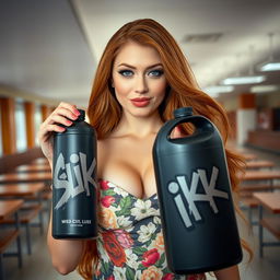 A close-up shot focusing on a gorgeous female redhead with long flowing hair, wearing a floral pattern sundress that accentuates her large chest and features a hint of cleavage