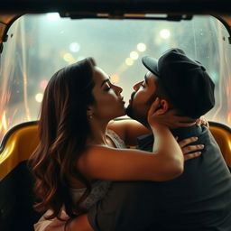 A romantic and intimate scene featuring a stunning young woman of Pakistani descent, known for her cuteness and long legs, situated in an auto rickshaw