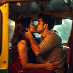 A romantic and intimate scene featuring a stunning young woman of Pakistani descent, known for her cuteness and long legs, situated in an auto rickshaw