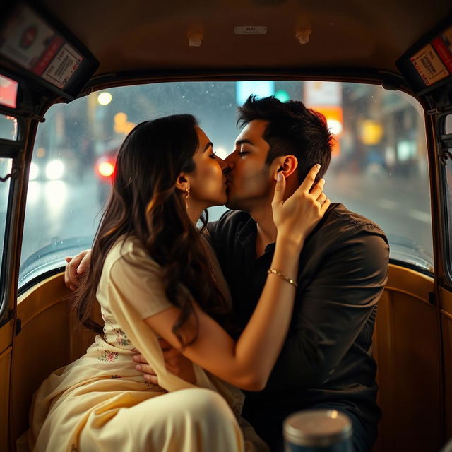 A romantic and intimate scene featuring a stunning young woman of Pakistani descent, known for her cuteness and long legs, situated in an auto rickshaw