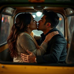 A romantic and intimate scene featuring a stunning young woman of Pakistani descent, known for her cuteness and long legs, situated in an auto rickshaw
