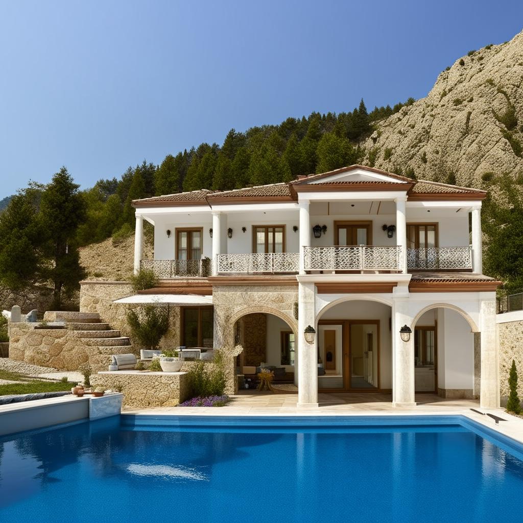 A luxurious villa nestled in the mountains, capturing a Greek exterior style with pristine white walls and blue accents. The interiors boast rich Turkish decor with intricate patterns and warm colors.