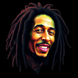 A photorealistic t-shirt design featuring an iconic portrait of Bob Marley, resembling the original character closely, illustrated in an oil painting style that captures a painterly texture