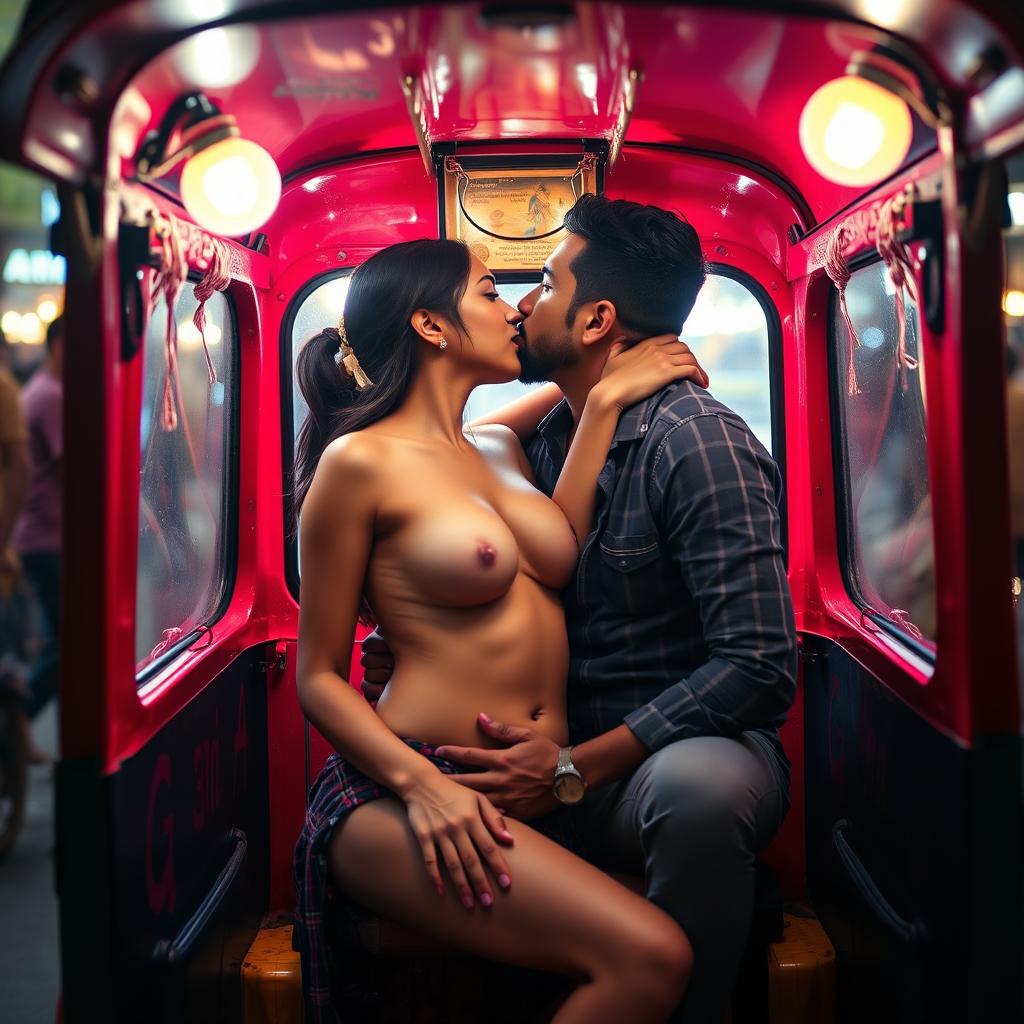 An intimate scene set in a vibrant auto rickshaw, featuring a hot Pakistani girl aged 18 with long legs