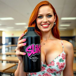 A close-up shot of a gorgeous female redhead in a floral patterned sundress, showcasing her large chest and subtle cleavage