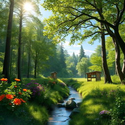 A digitally enhanced photograph depicting a scenic view of a lush green forest with tall trees, vibrant flowers, and a clear blue sky