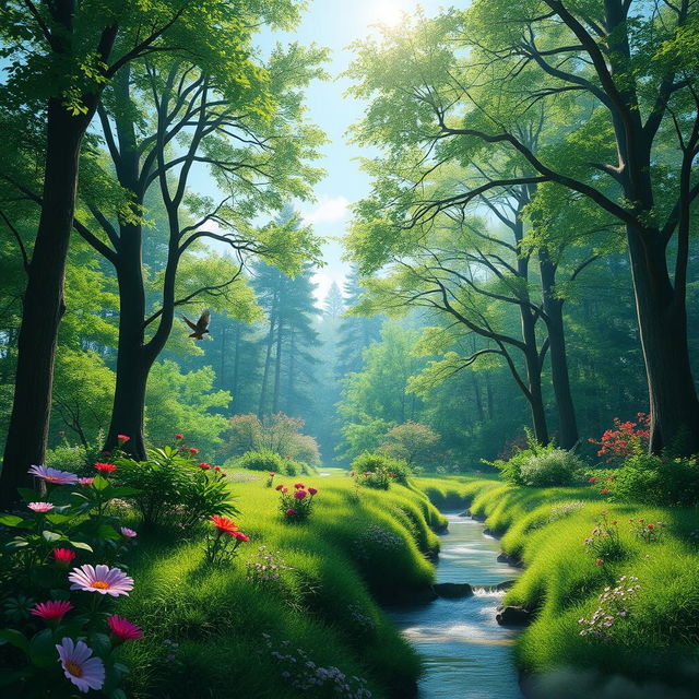 A digitally enhanced photograph depicting a scenic view of a lush green forest with tall trees, vibrant flowers, and a clear blue sky