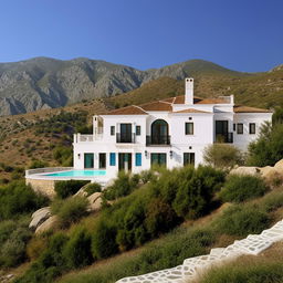 A luxurious villa nestled in the mountains, capturing a Greek exterior style with pristine white walls and blue accents. The interiors boast rich Turkish decor with intricate patterns and warm colors.