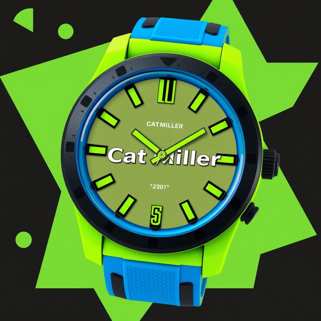 A funky and stylish watch design for men, featuring a bold, vibrant color palette including electric blue, neon green, and matte black accents