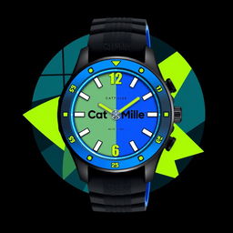 A funky and stylish watch design for men, featuring a bold, vibrant color palette including electric blue, neon green, and matte black accents