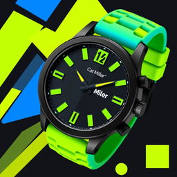 A funky and stylish watch design for men, featuring a bold, vibrant color palette including electric blue, neon green, and matte black accents