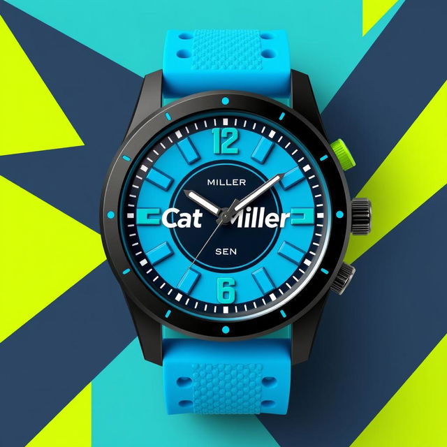 A funky and stylish watch design for men, featuring a bold, vibrant color palette including electric blue, neon green, and matte black accents