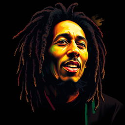 A photorealistic t-shirt design featuring an iconic portrait of Bob Marley, showcasing a character that closely resembles the original