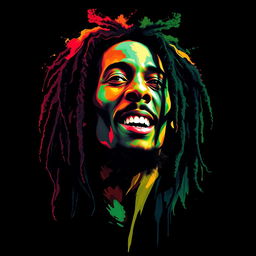 A photorealistic t-shirt design featuring an iconic portrait of Bob Marley, showcasing a character that closely resembles the original