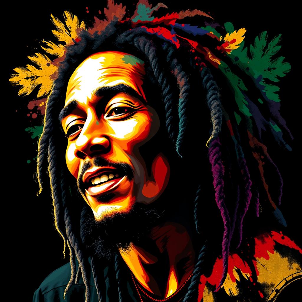 A photorealistic t-shirt design featuring an iconic portrait of Bob Marley, showcasing a character that closely resembles the original