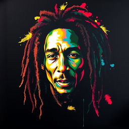 A photorealistic t-shirt design featuring an iconic portrait of Bob Marley, showcasing a character that closely resembles the original