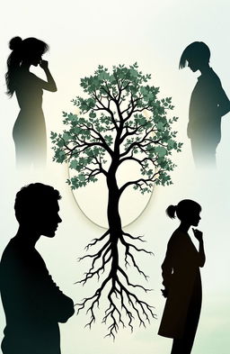 An abstract artwork featuring silhouettes of diverse individuals in various thoughtful poses, set against a soft and calming background