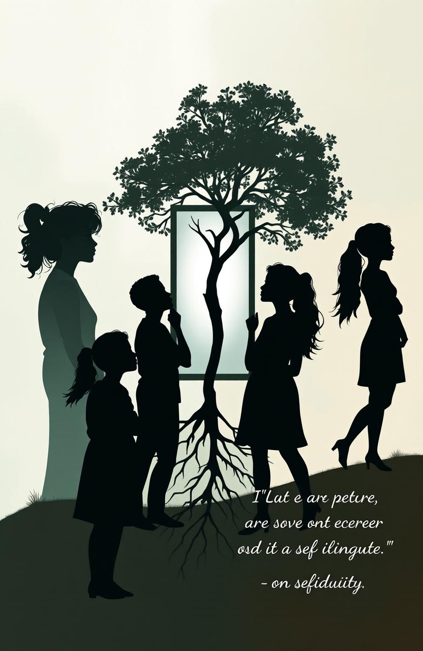 An abstract artwork featuring silhouettes of diverse individuals in various thoughtful poses, set against a soft and calming background