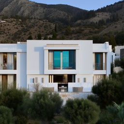 A luxurious villa nestled in the mountains, capturing a Greek exterior style with pristine white walls and blue accents. The interiors boast rich Turkish decor with intricate patterns and warm colors.