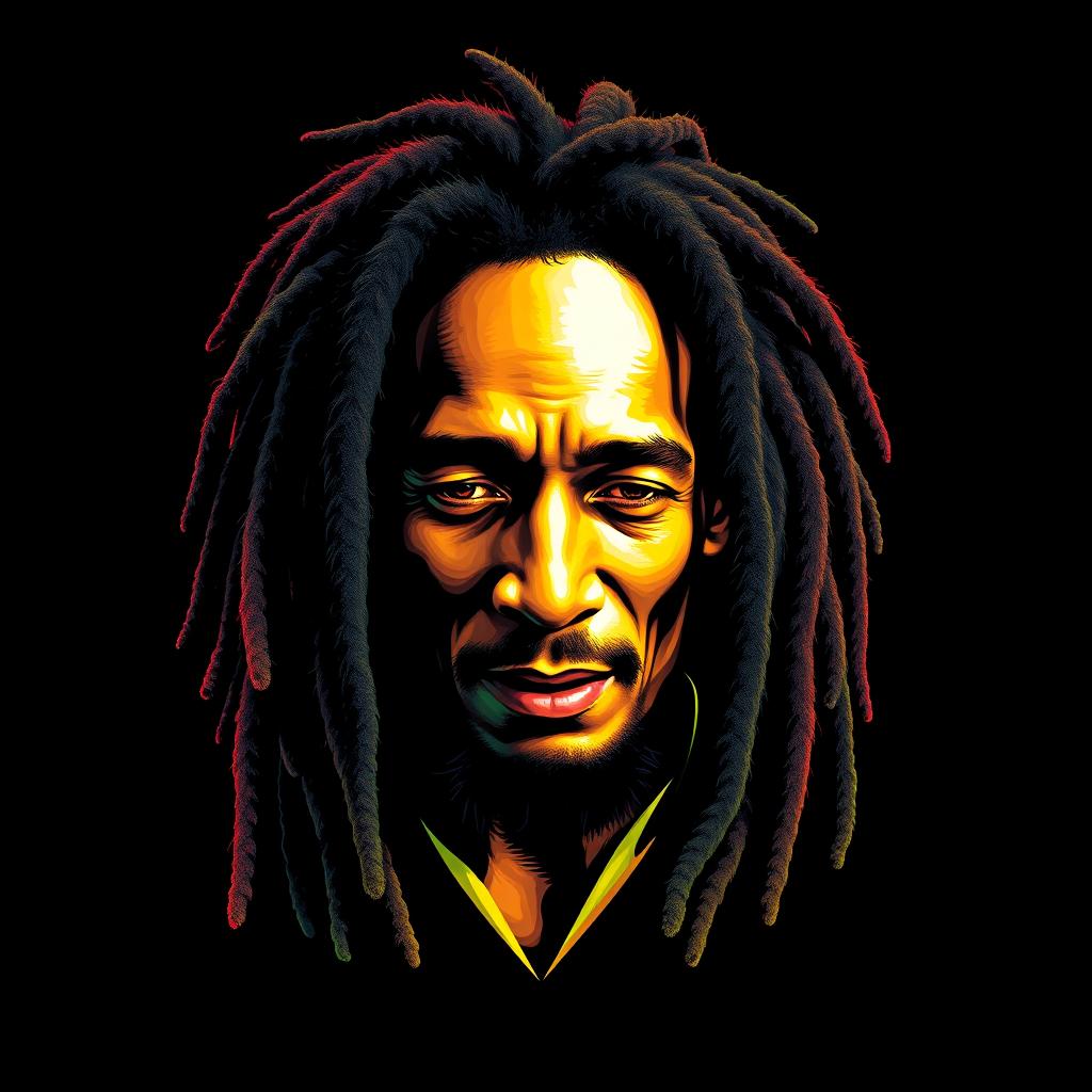 A photorealistic t-shirt design featuring an iconic portrait of Bob Marley, showcasing a character that closely resembles the original