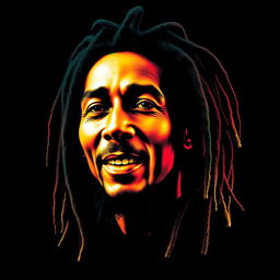 A photorealistic t-shirt design featuring an iconic portrait of Bob Marley, showcasing a character that closely resembles the original