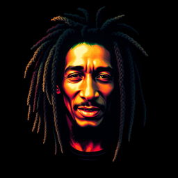 A photorealistic t-shirt design featuring an iconic portrait of Bob Marley, showcasing a character that closely resembles the original