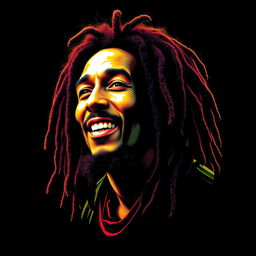A photorealistic t-shirt design featuring an iconic portrait of Bob Marley, showcasing a character that closely resembles the original