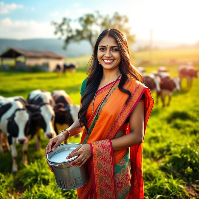 A beautiful smiling Indian woman in a traditional rural setting, standing in a picturesque dairy farm