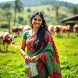 A beautiful smiling Indian woman in a traditional rural setting, standing in a picturesque dairy farm