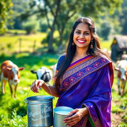 A beautiful smiling Indian woman in a traditional rural setting, standing in a picturesque dairy farm