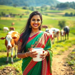 A beautiful smiling Indian woman in a traditional rural setting, standing in a picturesque dairy farm