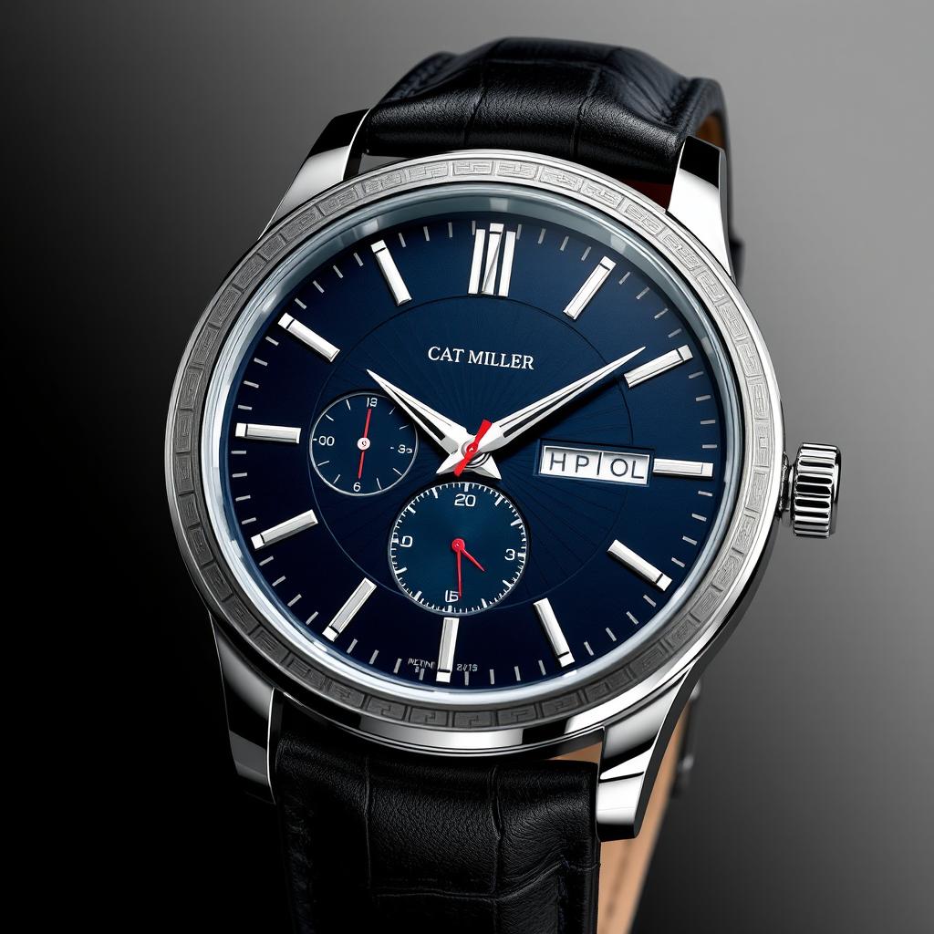An exquisite automatic men's watch design for the brand Cat Miller, showcasing a sophisticated blend of modern style and classic elegance