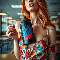 A close-up shot of a gorgeous female redhead, highlighting her chest and torso