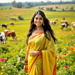 A beautiful and attractive Indian woman wearing a low waist saree, standing in a lively dairy farm