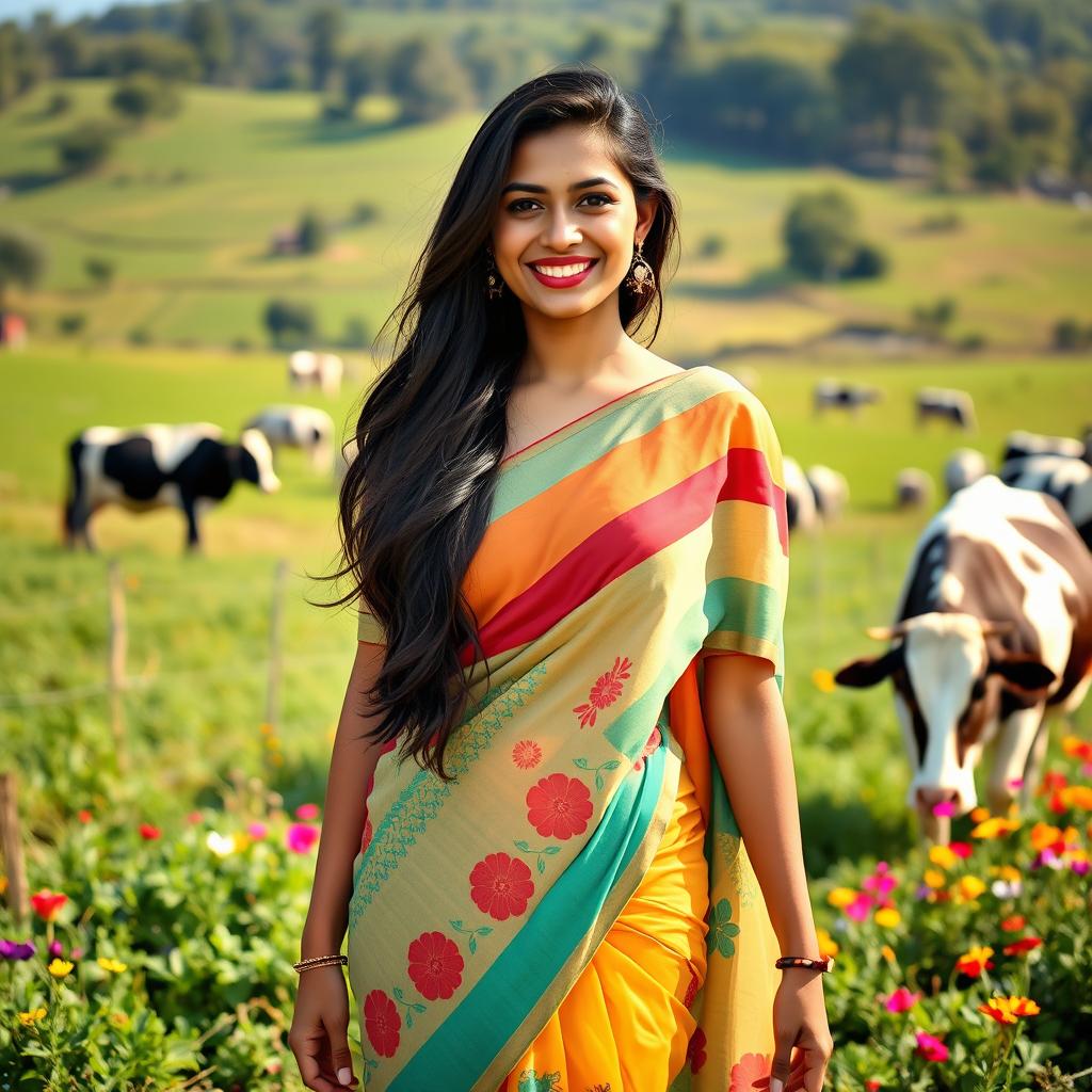 A beautiful and attractive Indian woman wearing a low waist saree, standing in a lively dairy farm