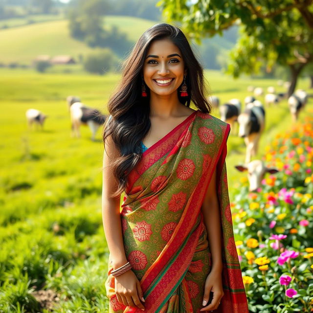 A beautiful and attractive Indian woman wearing a low waist saree, standing in a lively dairy farm