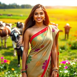 A beautiful and attractive Indian woman wearing a low waist saree, standing in a lively dairy farm