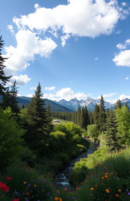 A breathtaking scene of pristine nature, showcasing a lush green forest filled with towering trees, vibrant wildflowers in various colors, and a serene river winding through the landscape