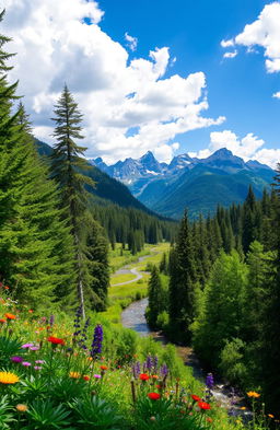 A breathtaking scene of pristine nature, showcasing a lush green forest filled with towering trees, vibrant wildflowers in various colors, and a serene river winding through the landscape