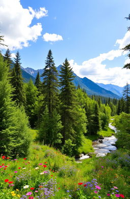 A breathtaking scene of pristine nature, showcasing a lush green forest filled with towering trees, vibrant wildflowers in various colors, and a serene river winding through the landscape
