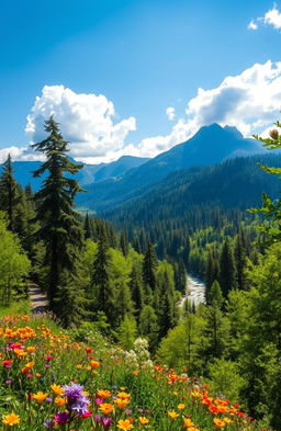 A breathtaking scene of pristine nature, showcasing a lush green forest filled with towering trees, vibrant wildflowers in various colors, and a serene river winding through the landscape