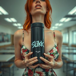 A close-up torso shot of a gorgeous female redhead wearing a floral pattern sundress