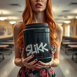 A close-up torso shot of a gorgeous female redhead wearing a floral pattern sundress