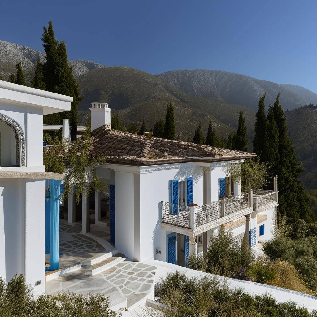 A luxurious villa nestled in the mountains, capturing a Greek exterior style with pristine white walls and blue accents. The interiors boast rich Turkish decor with intricate patterns and warm colors.