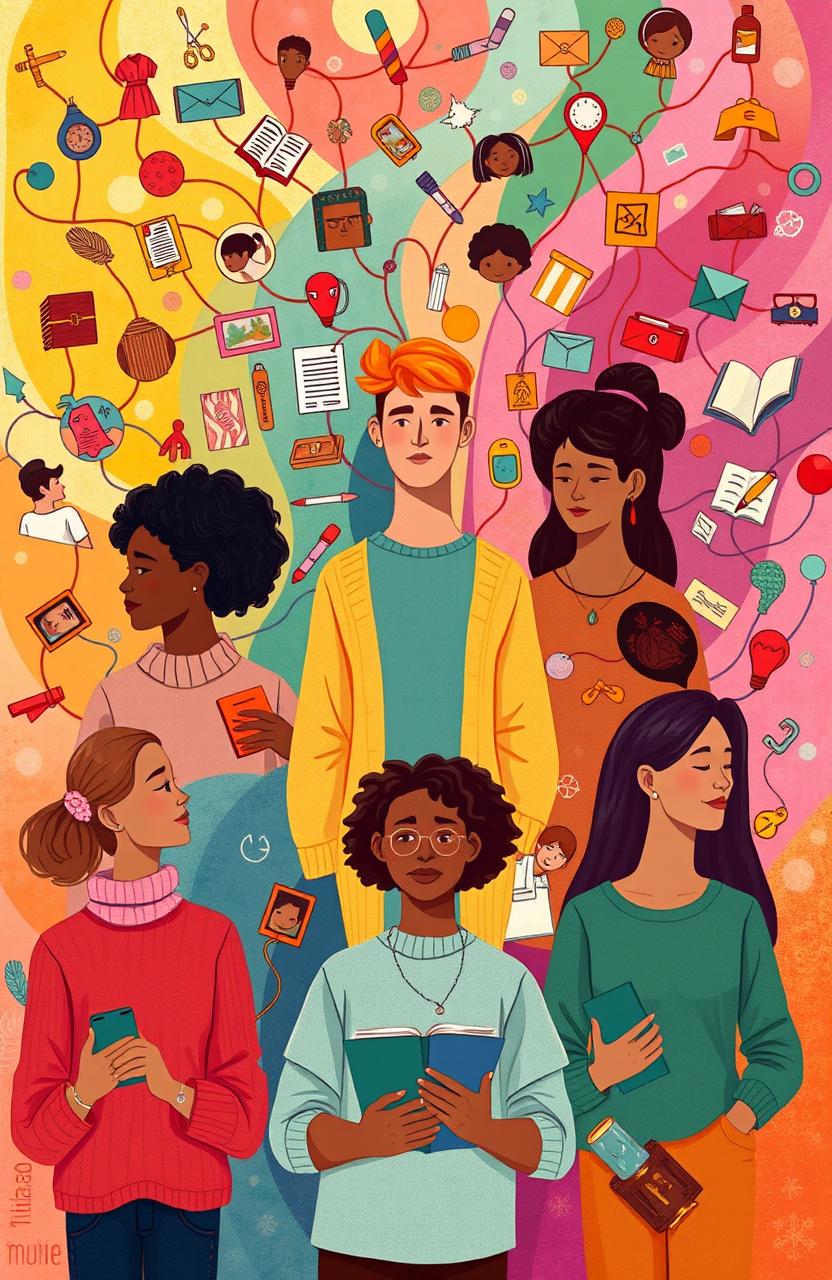 A vibrant illustration representing the concept of self-identity, featuring a diverse group of individuals reflecting on their personal identities