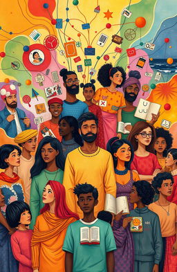 A vibrant illustration representing the concept of self-identity, featuring a diverse group of individuals reflecting on their personal identities