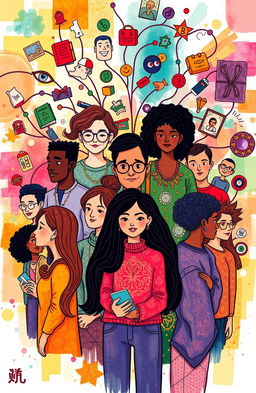A vibrant illustration representing the concept of self-identity, featuring a diverse group of individuals reflecting on their personal identities