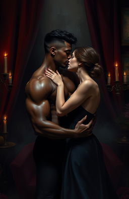A dramatic and passionate scene of dark black romance between two lovers