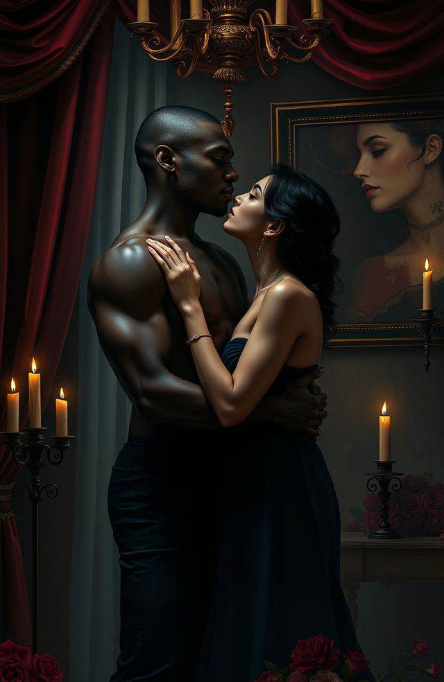 A dramatic and passionate scene of dark black romance between two lovers