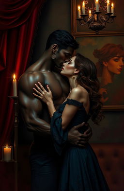 A dramatic and passionate scene of dark black romance between two lovers